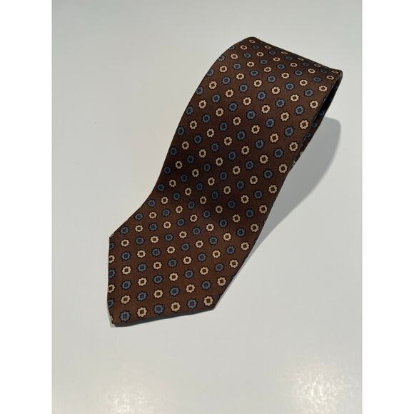 Brooks Brothers Silk Necktie Made in USA Brown with Blue Geometric JL - Picture 1 of 8
